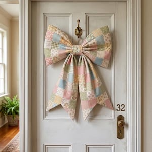 Puede incluir: Un gran lazo decorativo hecho de tela de patchwork con una cuadrícula de pequeños cuadrados en tonos pastel suaves de rosa, azul, amarillo y verde con varios patrones florales y de cuadros, colgado de un gancho de latón en una puerta gris claro.