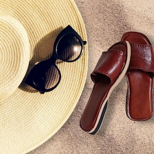 Handmade Moroccan Leather Sandals For Women, Brown Traditional Flat Slippers,Summer Flat Slippers