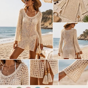 May include: A beige crochet cover-up featuring a loose grid pattern, long sleeves, and a scoop neckline. The garment includes side slits adorned with wooden beads and matching tassels at the hem, providing a textured, open-knit appearance.