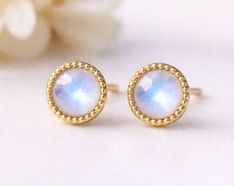 Dainty Rainbow Moonstone Stud Earring - 925 Sterling Silver Jewelry - Handcraft Stud Earring - Minimalist Jewelry - Birthday Gift For Her