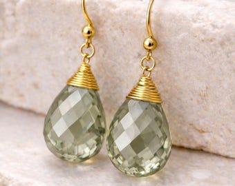 Designer Green Amethyst Teardrop Earrings | Handmade Gold Wire Wrapped Dangle 925 Silver Earrings | Lucky Prasiolite Gemstone Jewelry