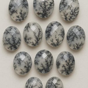 Peut inclure: Onze pierres précieuses ovales. Chaque pierre présente un fond blanc avec des motifs noirs complexes en forme d'arbres. Les surfaces à facettes des pierres reflètent la lumière, créant un effet scintillant. Idéal pour la création de bijoux.