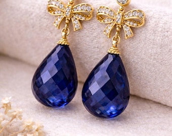 Minimalist Blue Sapphire Teardrop Earrings – Gold Bow Dangle Earrings – Elegant Statement Jewelry – September Birthstone Gift for Her