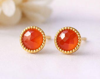 Carnelian Stud Earrings | Round Bezel Set 925 Sterling Silver Earrings | Dainty Minimalist Gemstone Stud | Initial Everyday Jewelry For Gift