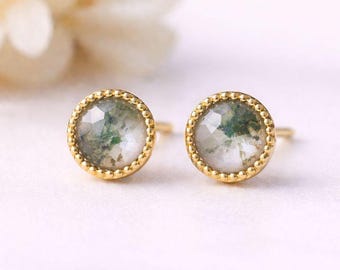 Genuine Moss Agate Stud Earring, 925 Sterling Silver Earring, Bezel Round Set Stud Earring, Everyday Stud Earring, Mother's Day Gifts