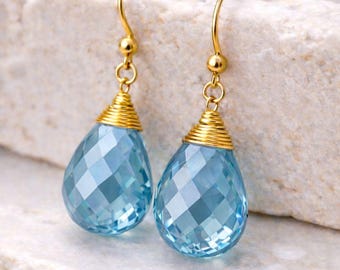 Lab Grown Blue Topaz Teardrop Earrings | Handmade Gold Wire Wrapped Dangle Earring | Tiny Gold Plated Earring | Dainty Gems Jewelry For Gift
