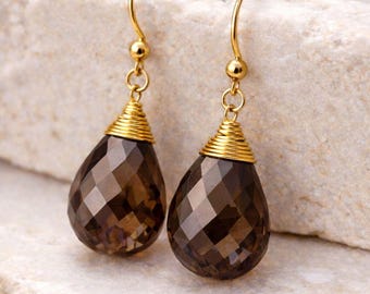 Smoky Quartz Teardrop Earrings | 925 Sterling Silver | Handwrapped Wire Dangle Earrings | Dainty Gemstone Jewelry for Everyday & Party Wear