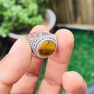 Tiger&#39;s Eye Sterling Silver Signet Ring: Chunky Bohemian Mens Jewelry