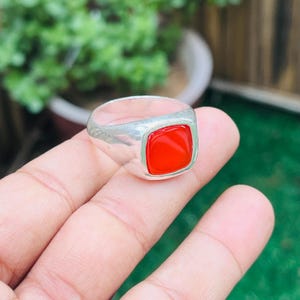 Handmade Orange Carnelian Sterling Silver Ring: Square Gemstone Boho Jewelry