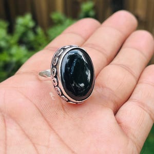 Black Onyx Sterling Silver Ring: Oval Gemstone, Boho Vintage Style