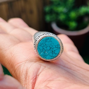 Men’s Turquoise Ring Sterling Silver | Round Turquoise Signet Ring | Southwestern Boho Jewelry | Gift for Him | Gift for Dad