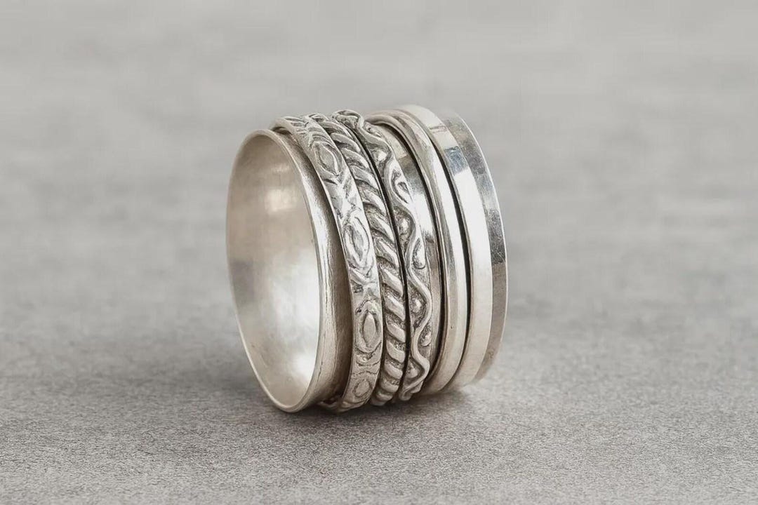 Handmade Sterling Silver Spinner Ring: Floral Boho Wide Band, Anxiety ...