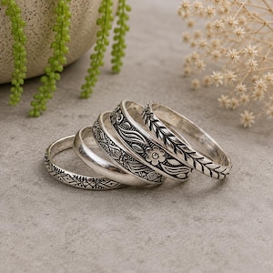 925 sterlingsilver stapelringar set om 5, bohemiska silverringar, vintageblommiga ringar, lager-på-lager-ringset, handgjorda smycken för kvinnor