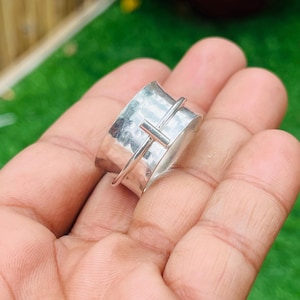 Sterling Silver Cross Spinner Ring: Floral Etched Meditation Band