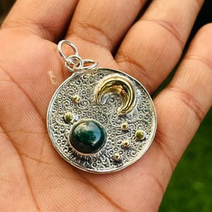 Sterling Silver Crescent Moon Pendant: Malachite Gemstone Boho Necklace