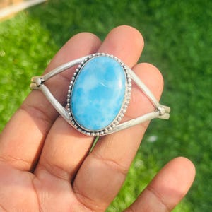 Elegant Larimar Bangle, Larimar Jewelry, Handmade Bangle, Larimar Bracelet, Sterling Silver Bangle, Gemstone Bangle, Adjustable Bangle