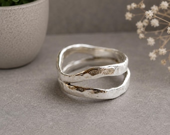 925 Sterling Silver Double Layer Ring, Handmade Wave Ring, Minimalist Stack Ring, Adjustable Open Band Ring, Modern Gift for Her