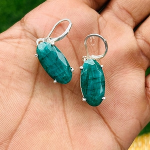 Boucles d&#39;oreilles pendantes levier émeraude : argent sterling 925, pierre de naissance mai