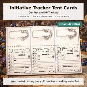 May include: White initiative tracker tent cards with black text. The cards are designed for combat and HP tracking, with sections for notes, resistances, and conditions. The cards are labeled "Printable A4", "DM and player view", and "Combat ready".
