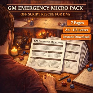May include: A tabletop role-playing game setup with the text "GM EMERGENCY MICRO PACK" and "OFF SCRIPT RESCUE FOR DMs." The image shows a stack of printed pages, dice, a candle, and a person's hands. The text also includes "7 Pages," "A4 + US Letter," and "Instant Download."