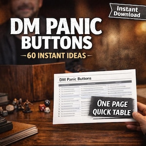 Könnte beinhalten: Werbebild für "DM Panic Buttons" mit einem weißen Blatt, das eine Tabelle mit Ideen zeigt. Der Text "DM Panic Buttons - 60 Instant Ideas" ist in großen weißen Buchstaben gehalten. Ein schwarzes Banner lautet "One Page Quick Table."
