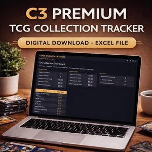 May include: A laptop displays a TCG Collection Tracker dashboard with the text "C3 PREMIUM TCG COLLECTION TRACKER DIGITAL DOWNLOAD - EXCEL FILE." The screen shows data tables and a coffee cup is on the right.