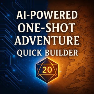 Può includere: Grafica digitale con il testo "AI-POWERED ONE-SHOT ADVENTURE QUICK BUILDER". Lo sfondo è diviso diagonalmente, con un design a circuito blu e una mappa. Un dado luminoso con il numero 20 è al centro.