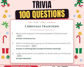 Christmas Trivia Game, 100 Printable Questions with Answers for Adults, Teens and Families, Christmas Party Quiz, Trivia Night