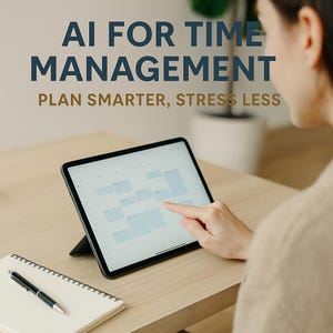 Könnte beinhalten: Ein digitales Tablet zeigt eine Kalenderschnittstelle mit dem Text "AI FOR TIME MANAGEMENT" und "PLAN SMARTER, STRESS LESS". Ein Finger berührt den Bildschirm. Ein Spiralnotizblock und ein Stift liegen auf dem Holztisch.