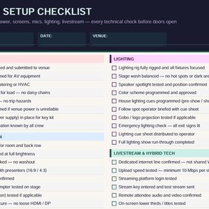May include: An AV & Tech Setup Checklist document with a dark header and white background. It features sections for Power & Electrical, Lighting, Screens & Projection, and Livestream & Hybrid Tech, each containing a list of checkboxes for technical tasks.