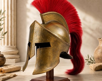 Elmo spartano greco di re Leonida con supporto in legno / Replica del costume da guerriero romano medievale