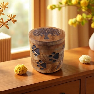 May include: A wooden pet urn with a tree design on the lid and paw prints on the sides. The urn is cylindrical and made of light brown wood. The tree and paw prints are dark brown.