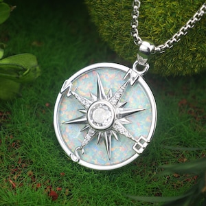 Opal Compass Star Pendant: Sterling Silver Celestial Necklace