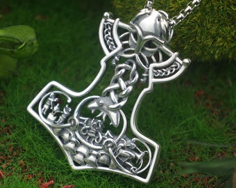 Sterling Silver Viking Mjolnir Necklace: Thor's Hammer, Celtic Knot Amulet
