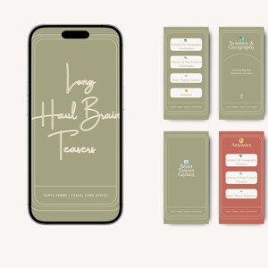 May include: A smartphone displays "Long Haul Brain Teasers" in white script. Beside it are several travel card designs in olive green and coral, featuring categories like Science & Geography and History & Pop Culture.