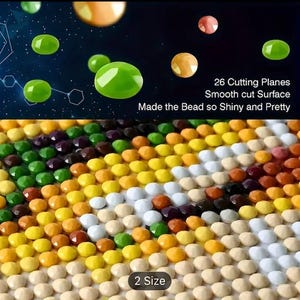 K&ouml;nnte beinhalten: Nahaufnahme von bunten, facettierten Perlen in verschiedenen Farben, darunter Gr&uuml;n, Gelb, Orange und Wei&szlig;. Das Bild enth&auml;lt den Text "26 Cutting Planes, Smooth cut Surface, Made the Bead so Shiny and Pretty" und "2 Size".