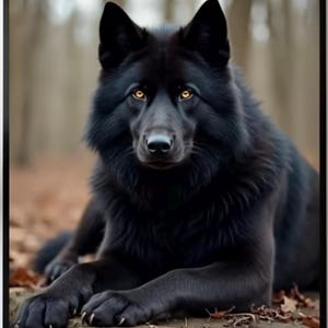May include: A black wolf with thick fur and piercing amber eyes, shown in a front-facing view. The wolf has pointed ears, a dark nose, and visible claws on its front paws, resting in a position that highlights its dense, dark coat texture.