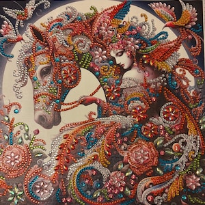May include: A vibrant artwork depicting a woman and a horse embellished with sparkling gems. The horse has a white face and is decorated with red, orange, and blue jewels. The woman has a floral headdress and is embracing the horse. The artwork is set against a light background.