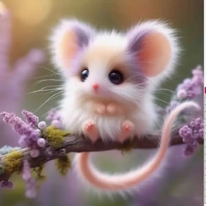 May include: A cute, fluffy mouse with big, dark eyes and a pink nose, sitting on a branch with purple flowers. The mouse has large ears with purple tips and a long, pink tail. The image has a soft, dreamy quality.