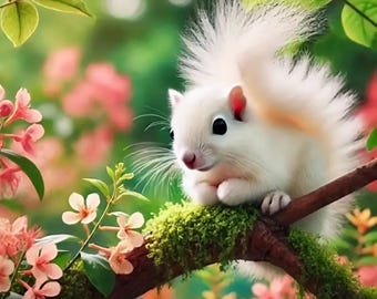 DIY 5D Diamond Art, White Squirrel with Flowers (12x12")