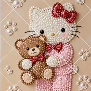 May include: A decorative wall art piece featuring a white cat character adorned with white pearls, wearing a red pearl bow and a pink pearl outfit. The cat holds a brown pearl teddy bear with a red bow. White pearl paw prints surround them.