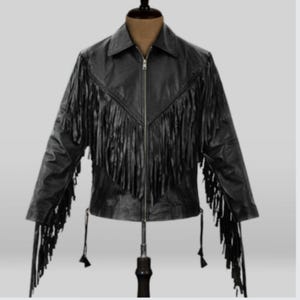 Black Leather Fringe Jacket | Western Cowboy Style Real Leather Coat | Handmade Boho Fringe Jacket | Custom Fit
