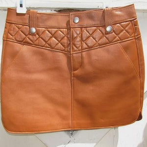 Tan Real Leather Mini Skirt – Quilted High Waist Vintage Style