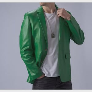 Men’s Green Leather Blazer | Soft Lambskin Coat Jacket | Formal Designer Slim Fit