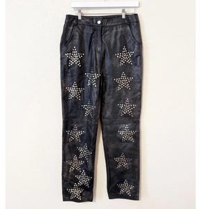 Vintage Black Leather Pants with Star Studs – Handmade Real Leather Rock Style Trousers for Women – Edgy Festival Outfit