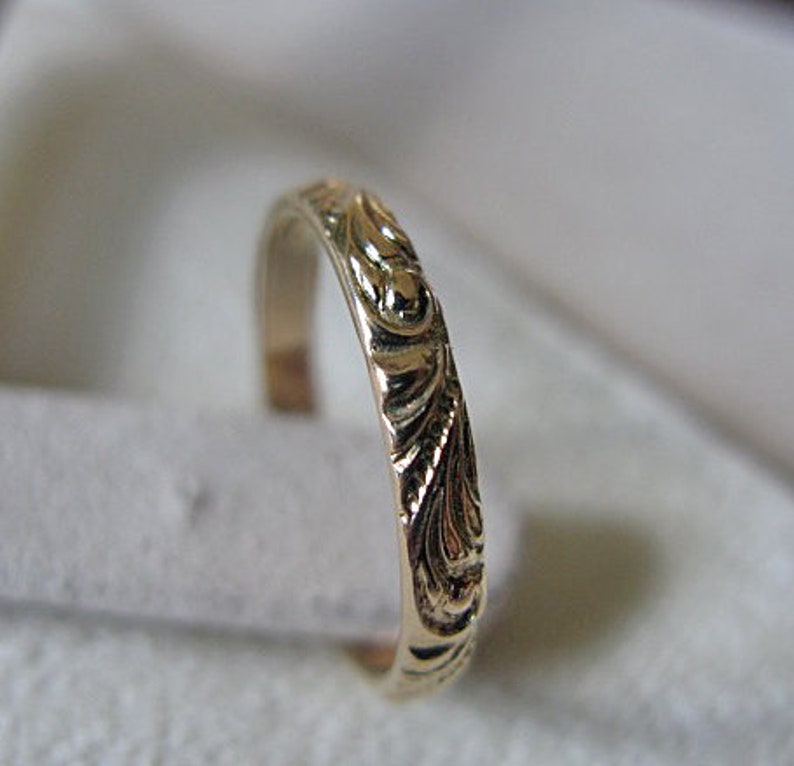 14K Yellow Gold Size 6 Vintage Wedding Band Wedding Ring 3mm Gold Band Eternity Carved Floral Ring Anniversary Antique Gold Ring Vintage