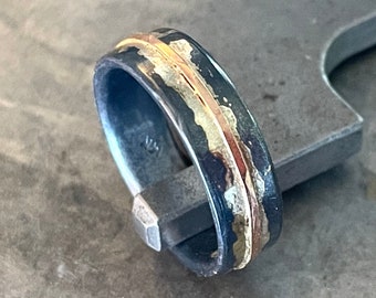 7mm - Mixed Metal River Ring - 14K Rose Gold - 14K Yellow Gold - Oxidized Sterling Silver - Unisex Wedding Band - Handmade Ring