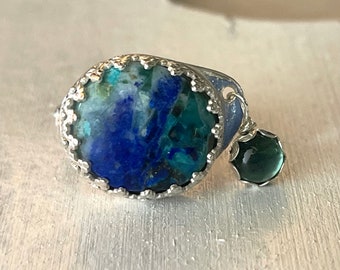 Azurite / Green Tourmaline / Azurite Ring / Handmade Ring / Sterling Silver / Dangle Ring / Handmade Jewelry / Artisan Silver