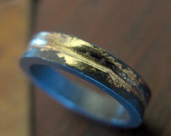 14K Yellow Gold Sterling Silver Mixed Metal Ring Custom Mens Wedding Band 4mm Hammered Mens Ring Oxidized Silver Viking Wedding Ring Artisan