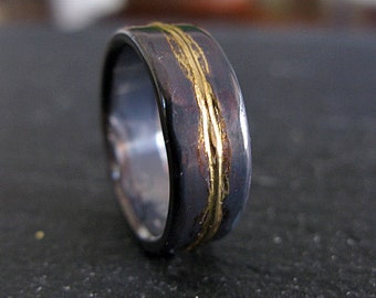 14K Yellow Gold Sterling Silver Mixed Metal Ring Custom Wedding Band 8mm Hammered Mens Ring Oxidized Silver